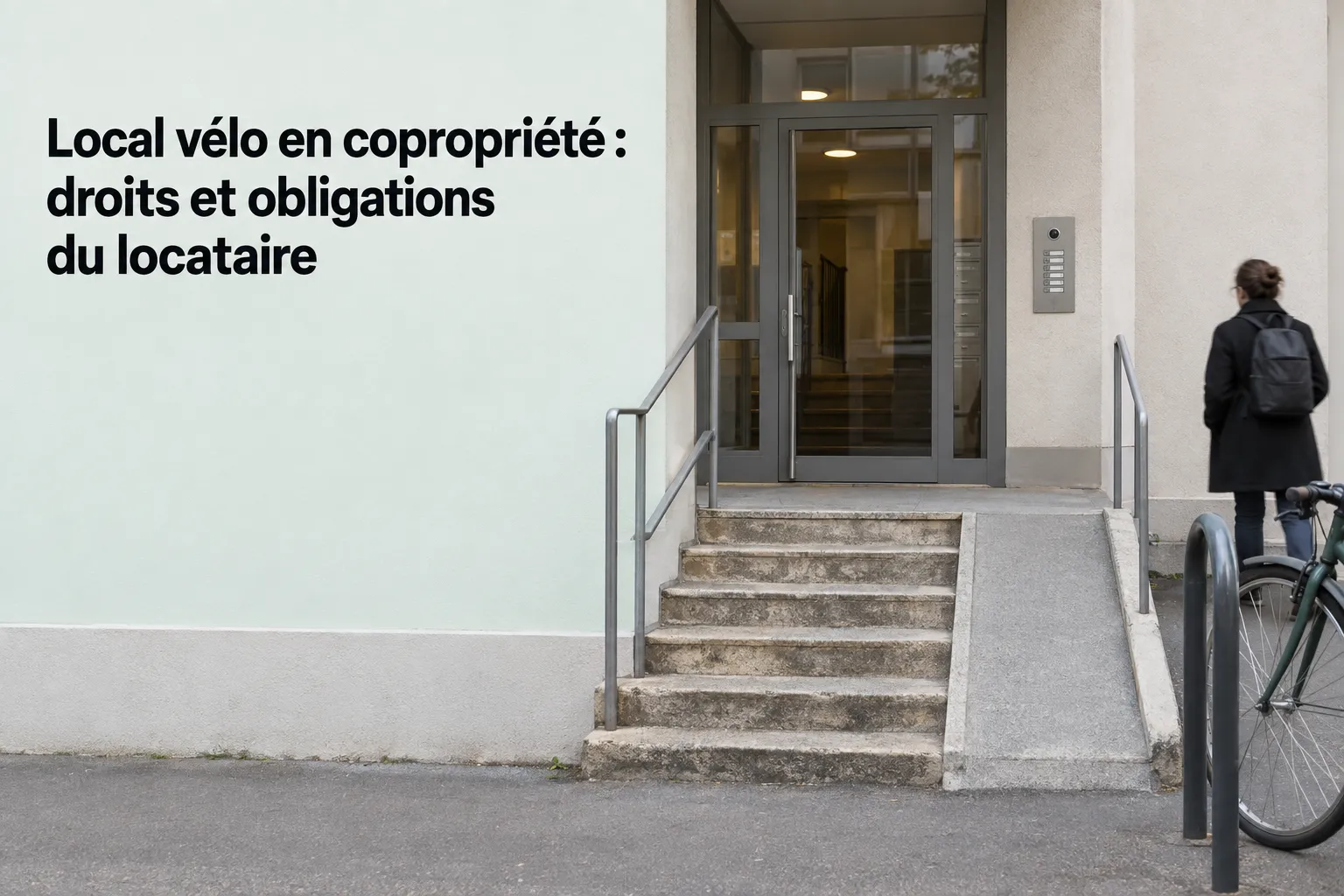 Local vélo en copropriété: droits et obligations du locataire, façade d’immeuble avec entrée et marche, personne avec vélo et sac à dos à côté. espace vélo immeuble locataire.