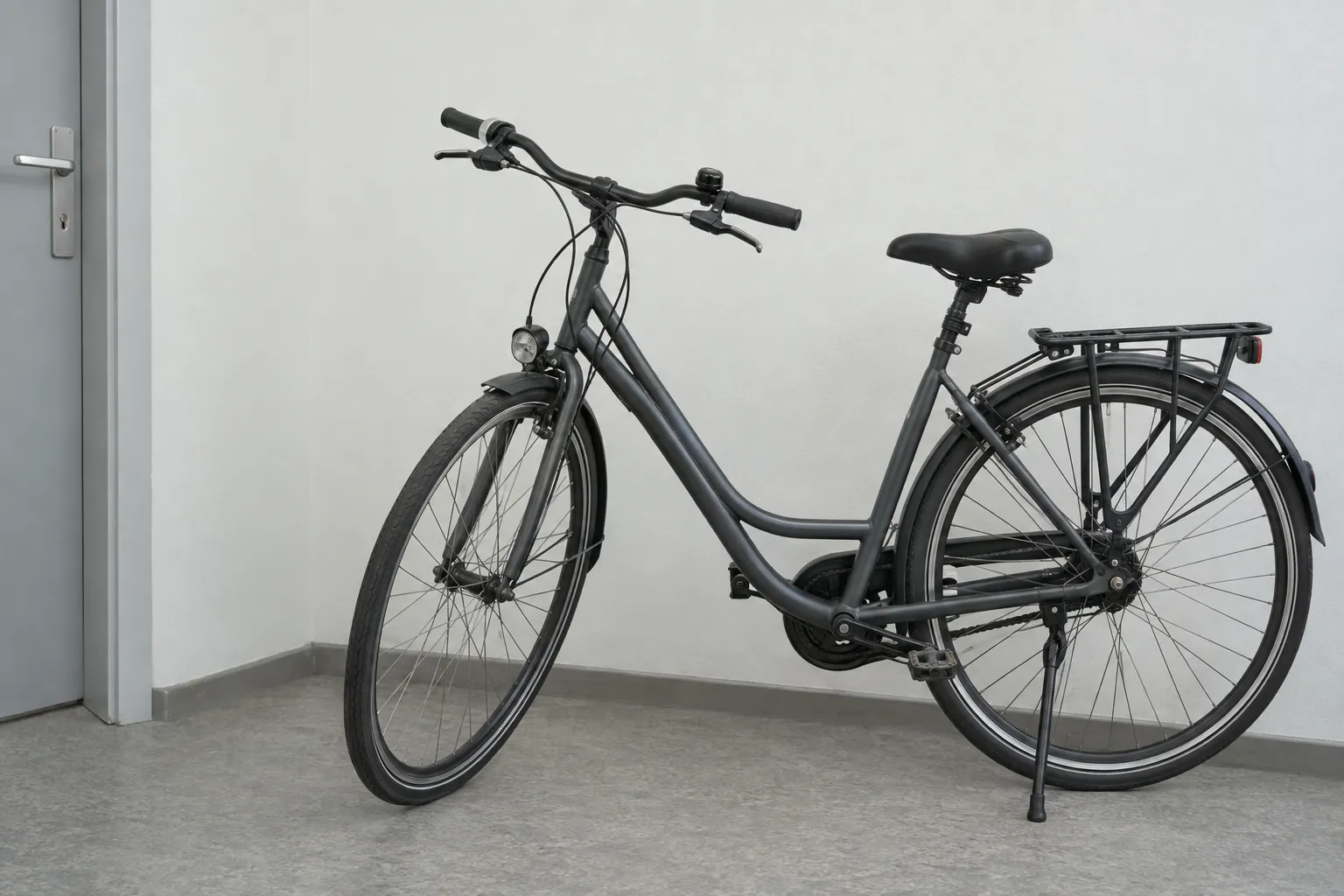 Vélo électrique noir posé dans un espace intérieur, proche d’une porte, avec garde-boue et pédales, cadre en U et béquille. espace vélo immeuble locataire intégré.