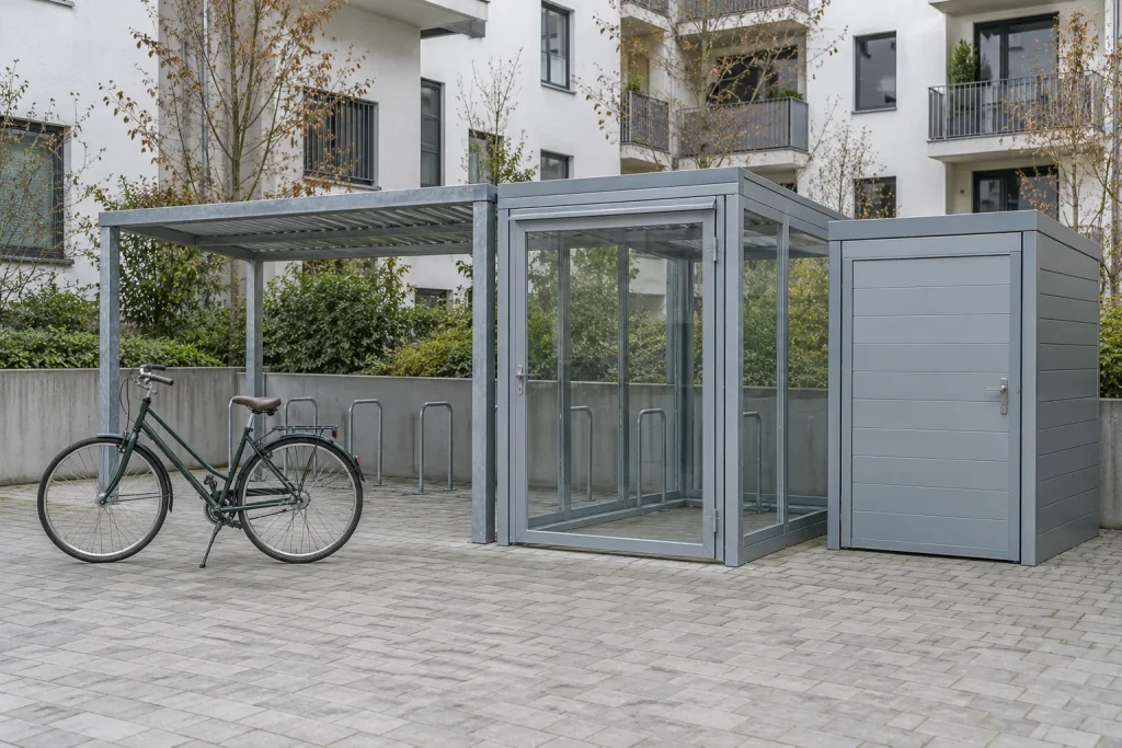 Abri vélo collectif gris avec structure en métal et porte verticale, entouré d’un vélo et d’un toit et de façades vitrées.