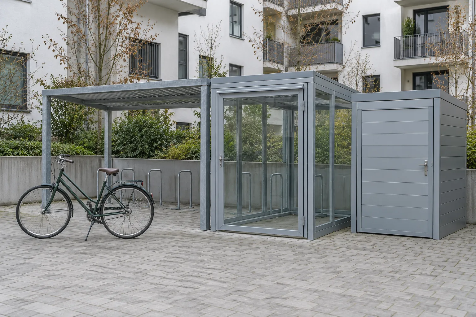 Abri vélo collectif gris avec structure en métal et porte verticale, entouré d’un vélo et d’un toit et de façades vitrées.