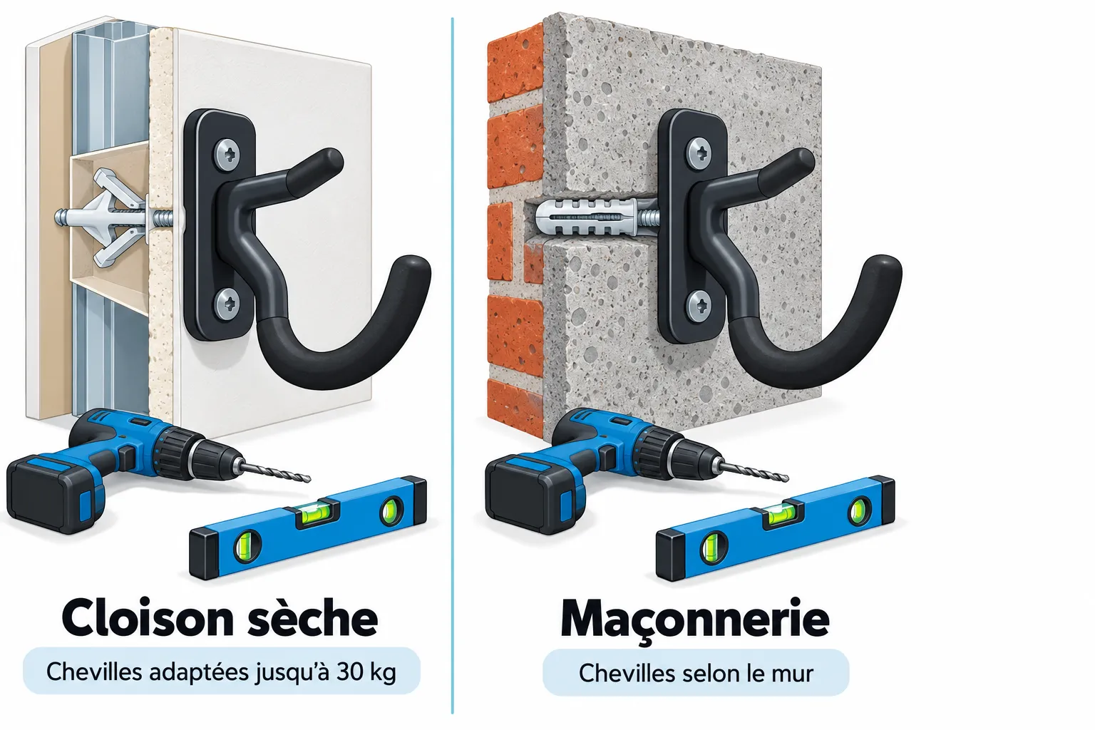 Gant et crochet murale en place avec outils et niveau montrant deux méthodes de fixation.