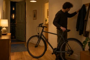 Un homme dans un appartement montre un vélo stationné dans le couloir près de l’entrée.