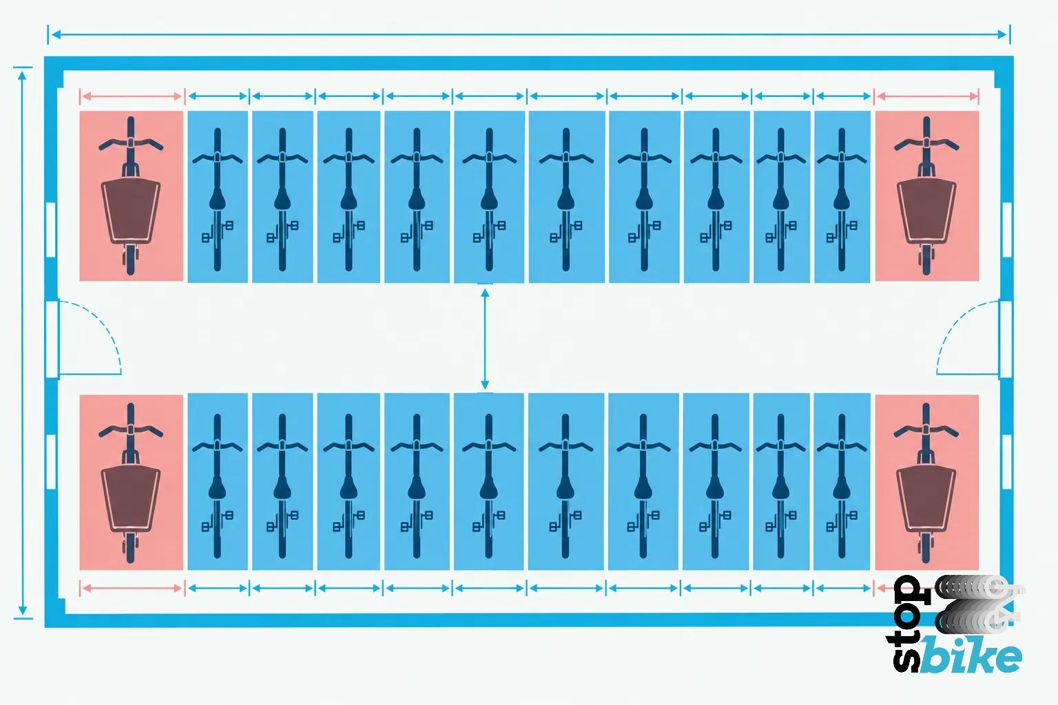 Plan de parkings vélos en intérieur montrant deux rangées de vélos bleus et deux vélos rouges près des entrées, dans un