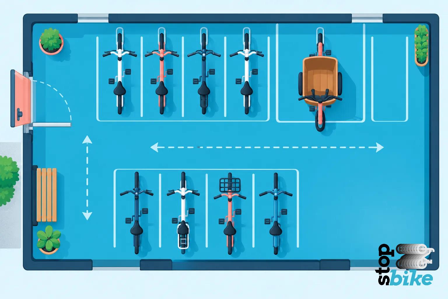 Un plan de stationnement pour vélos montrant plusieurs rangées de places et un vélo solidaire dans une zone dédiée.