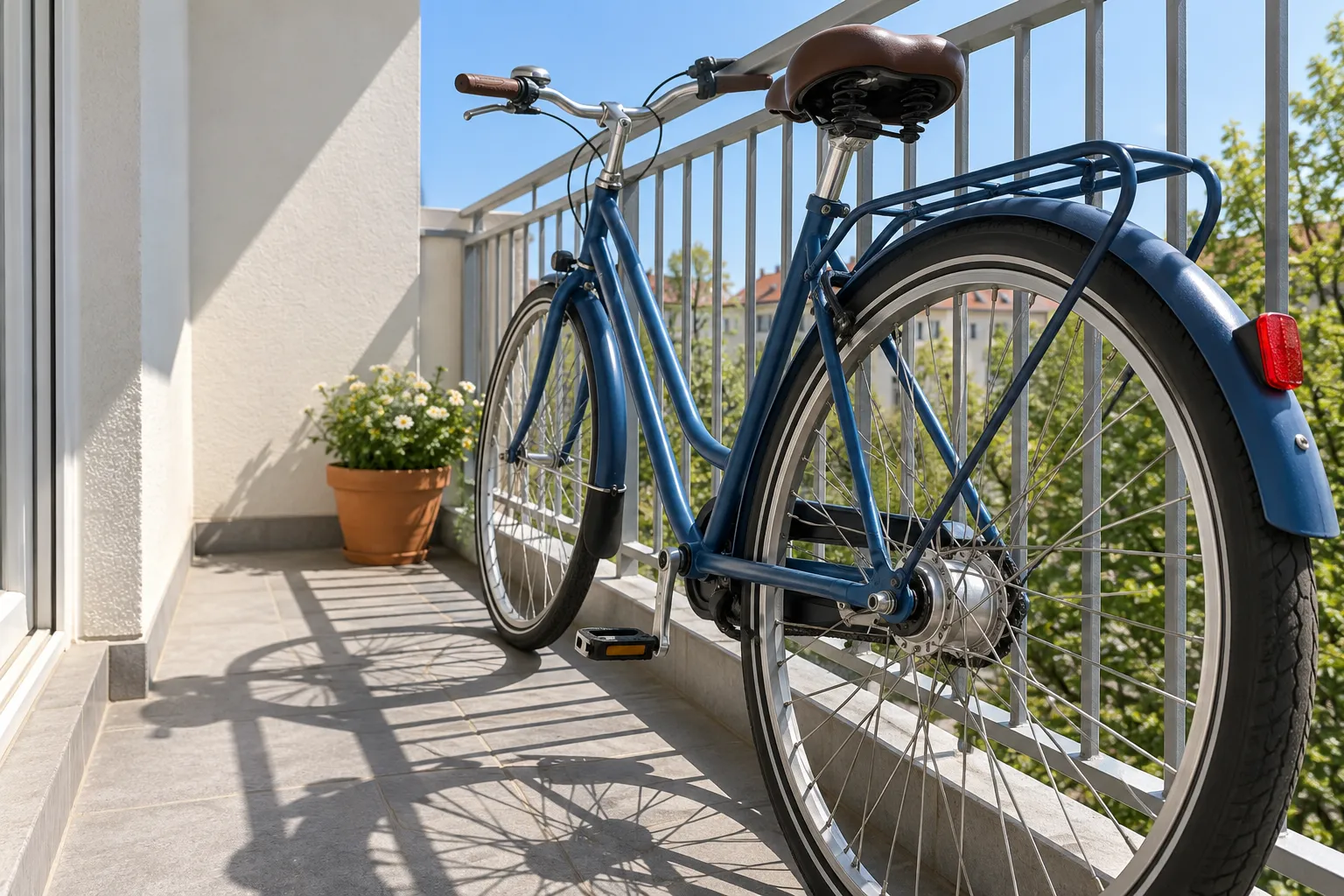 Vélo bleu gare sur balcon près de la rambarde et d’un pot de fleurs sous un ciel ensoleillé.