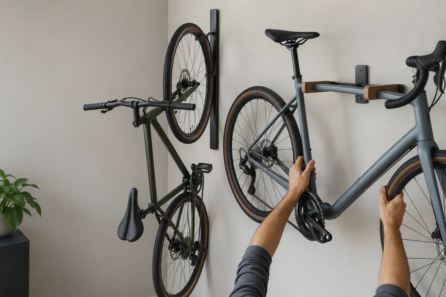 Un vélo suspendu à un support mural fixé au mur, tandis qu’un autre vélo est tenu par une personne pour le fixer.